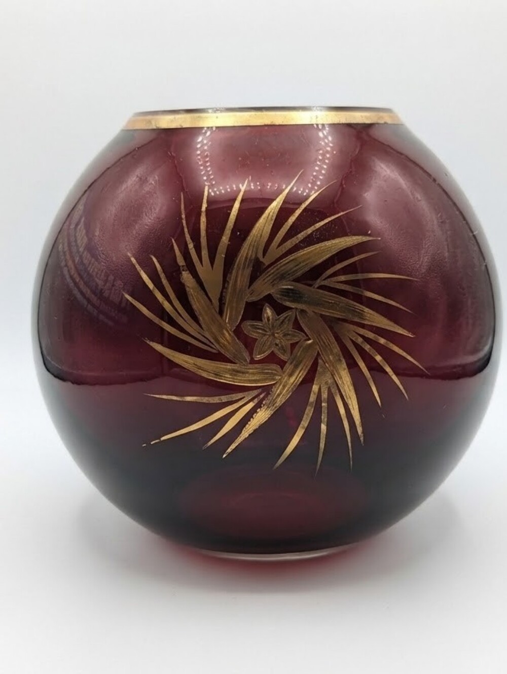 Mid Century Cranberry Glass Gilt Floral Rose Bowl Centerpiece Vase